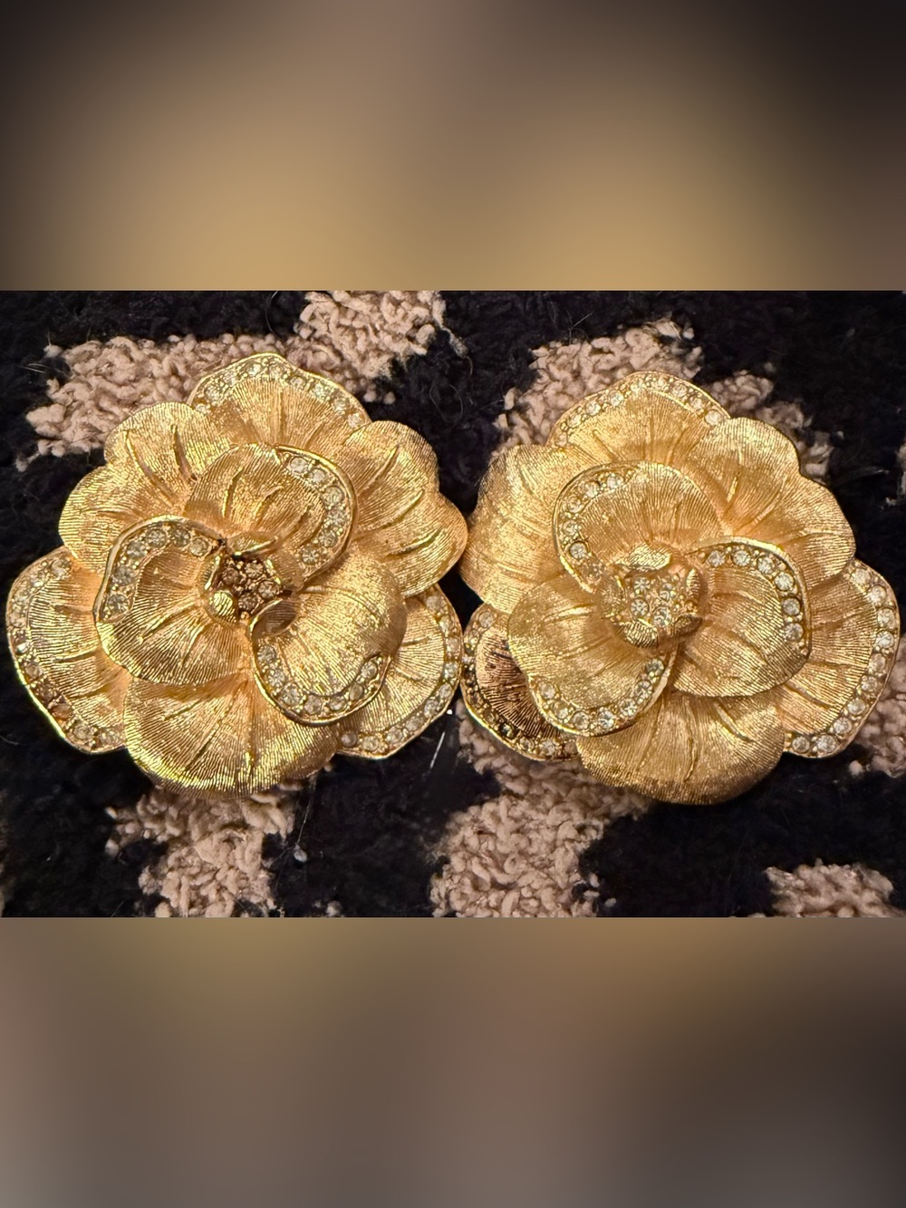 Christian Dior 1970s Vintage Large Camellia Crystals Layer Rose Flower Earrings